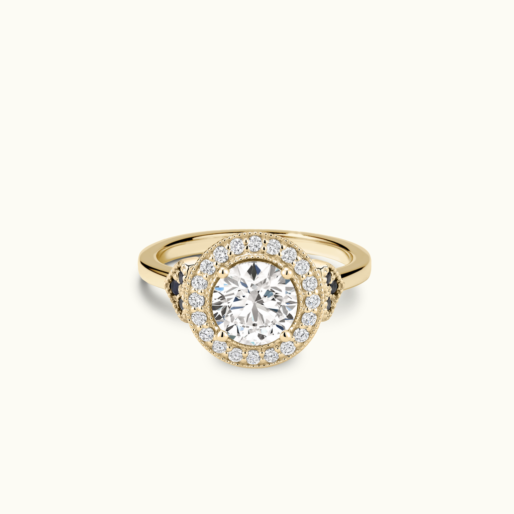 Jewellers District's Diamond Halo Engagement Ring with Side Diamonds and Milgrain in 14k Yellow Gold, Round