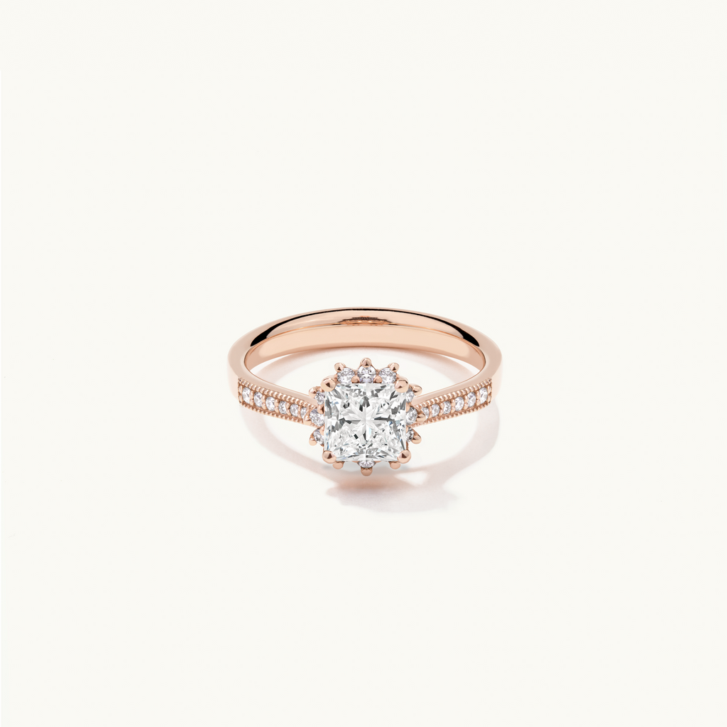 Jewellers District's Diamond Halo Engagement Ring with Milgrain in 14k Rose Gold, Princess