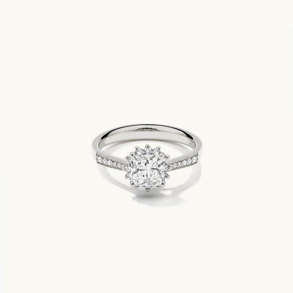 Jewellers District's Diamond Halo Engagement Ring with Milgrain in 14k White Gold, Princess