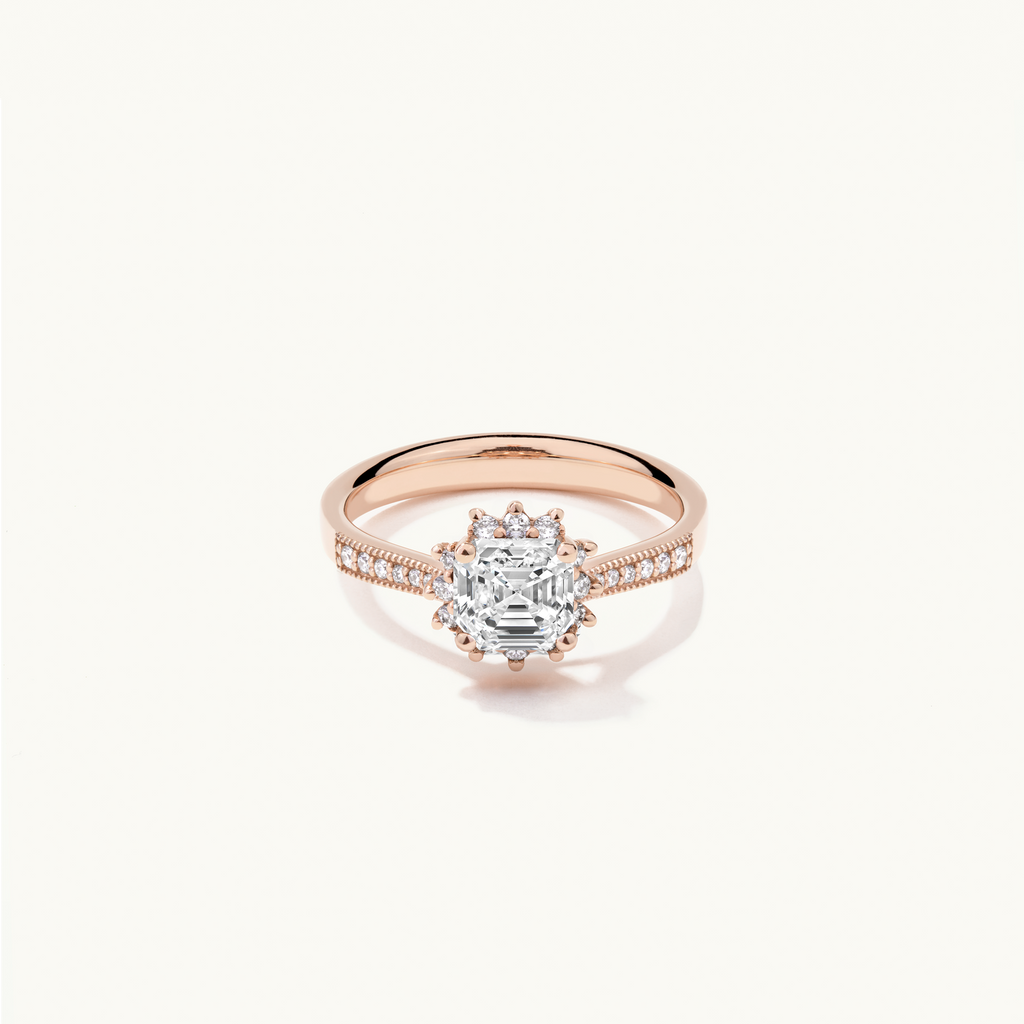 Jewellers District's Diamond Halo Engagement Ring with Milgrain in 14k Rose Gold, Asscher