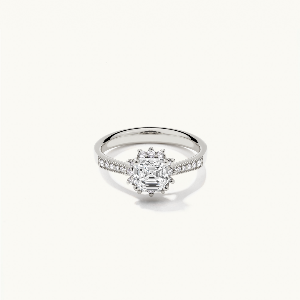 Jewellers District's Diamond Halo Engagement Ring with Milgrain in 14k White Gold, Asscher