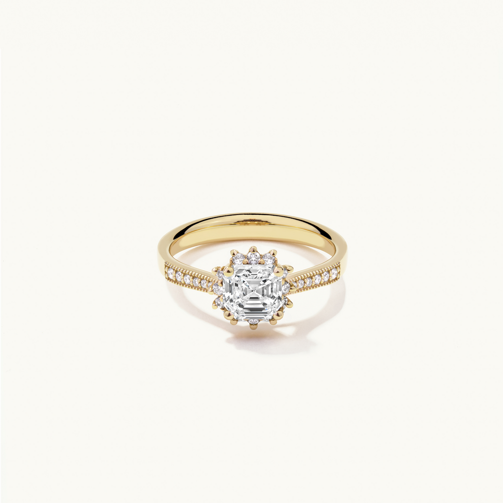 Jewellers District's Diamond Halo Engagement Ring with Milgrain in 14k Yellow Gold, Asscher