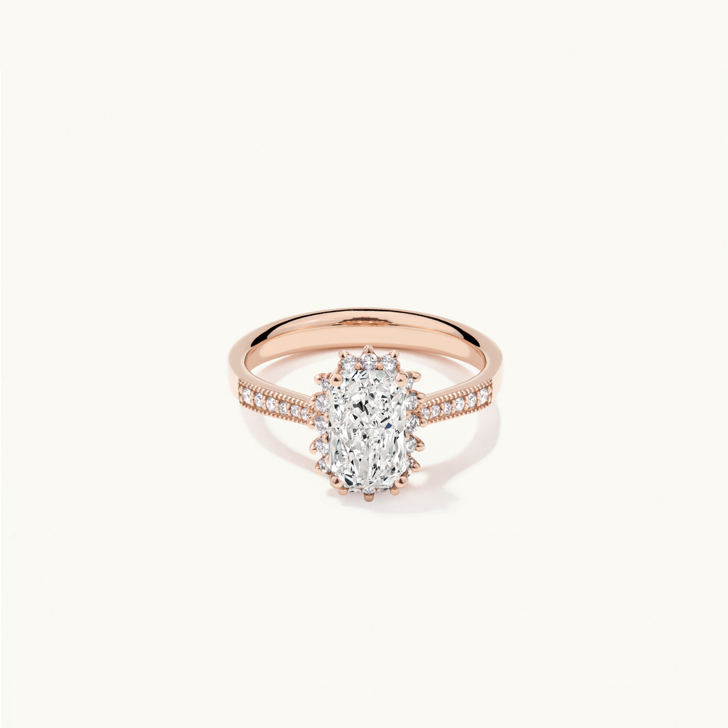 Jewellers District's Diamond Halo Engagement Ring with Milgrain in 14k Rose Gold, Radiant