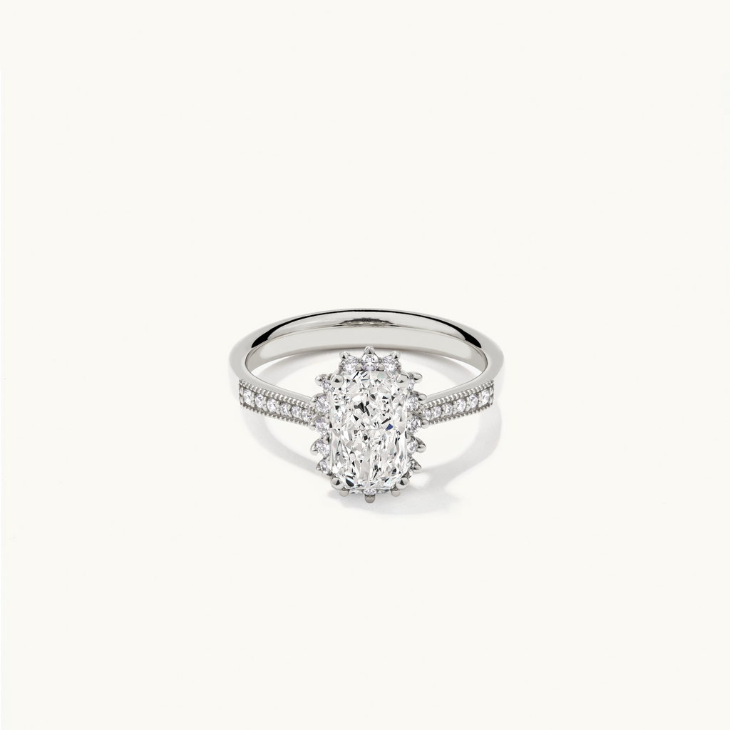 Jewellers District's Diamond Halo Engagement Ring with Milgrain in 14k White Gold, Radiant