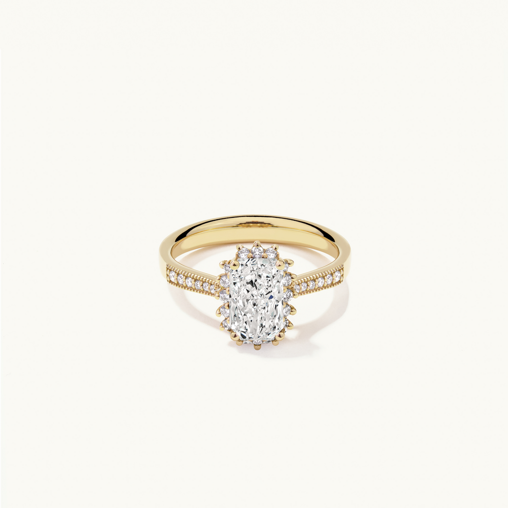 Jewellers District's Diamond Halo Engagement Ring with Milgrain in 14k Yellow Gold, Radiant