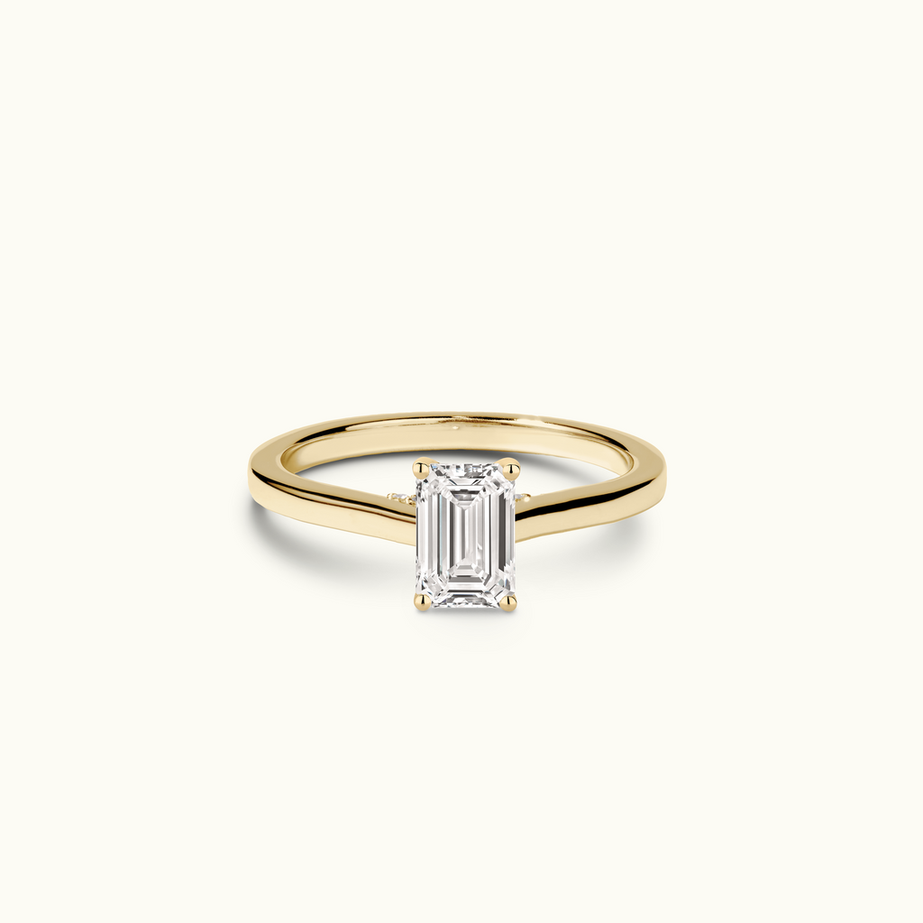 Jewellers District's Six-Prong Diamond Engagement Ring with Diamond Bridge in 14k Yellow Gold, Emerald