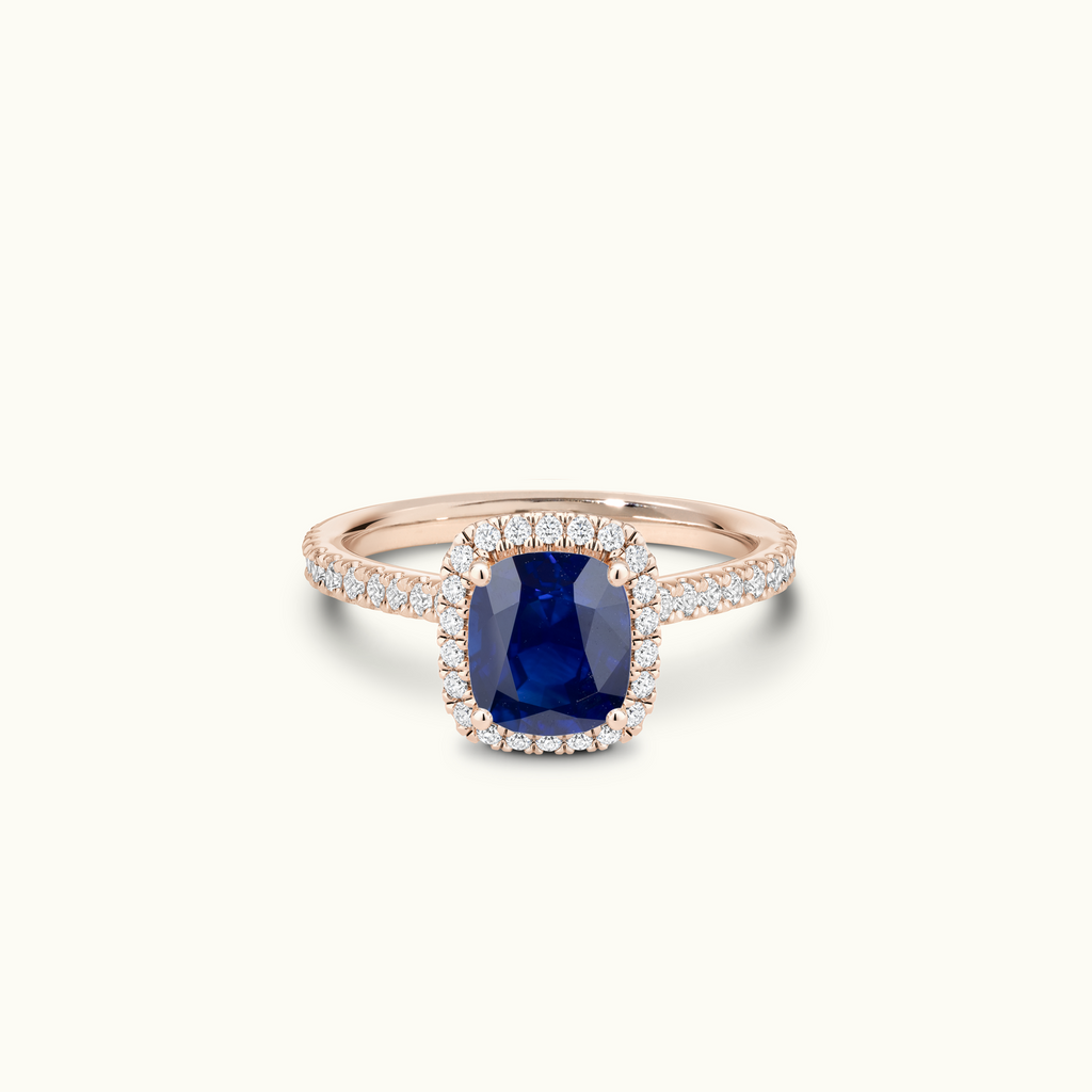 Jewellers District's Cathedral-Setting Royal Sapphire Halo Engagement Ring with Diamond Band in 14k Rose Gold, Asscher #2