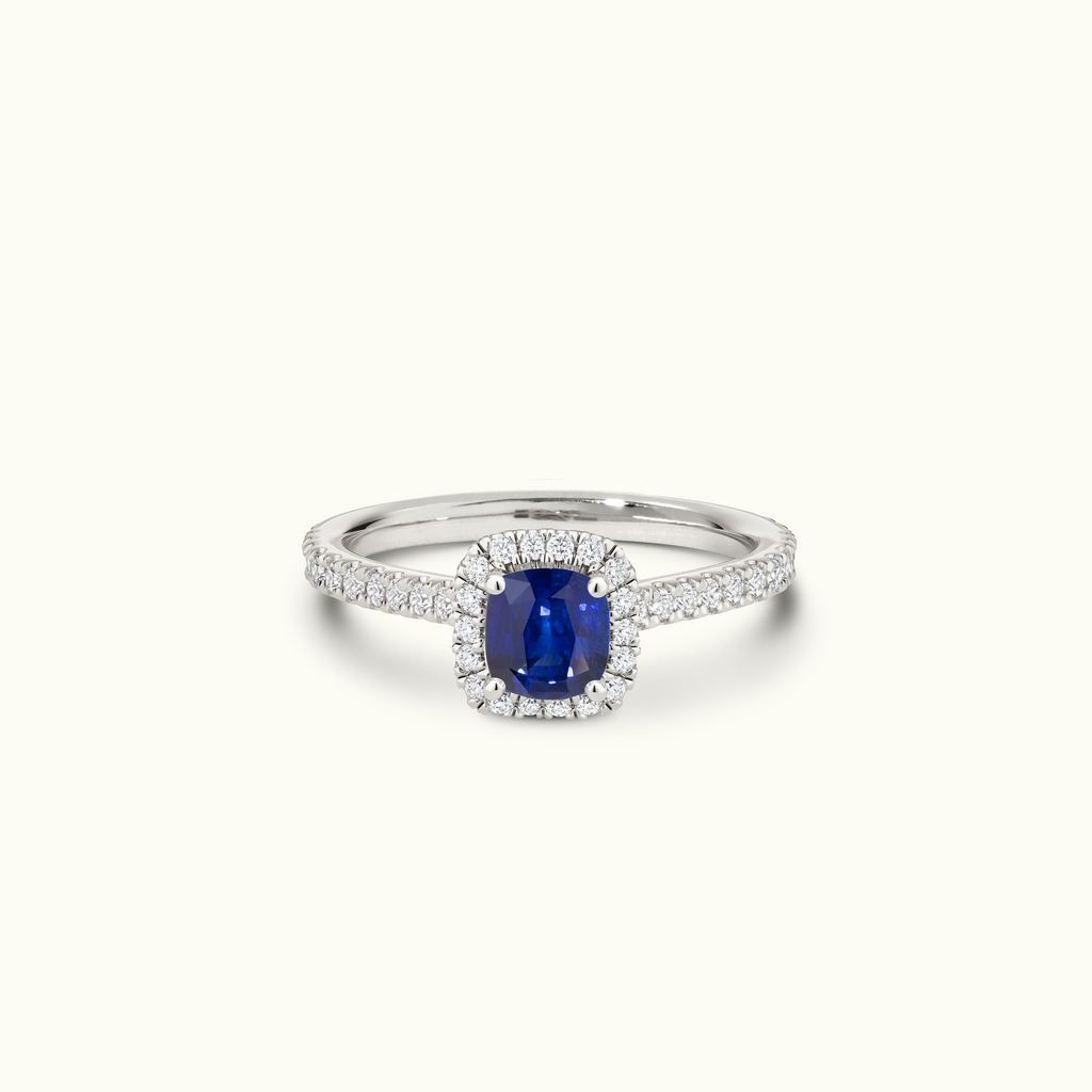 Jewellers District's Cathedral-Setting Royal Sapphire Halo Engagement Ring with Diamond Band in 14k White Gold, Cushion