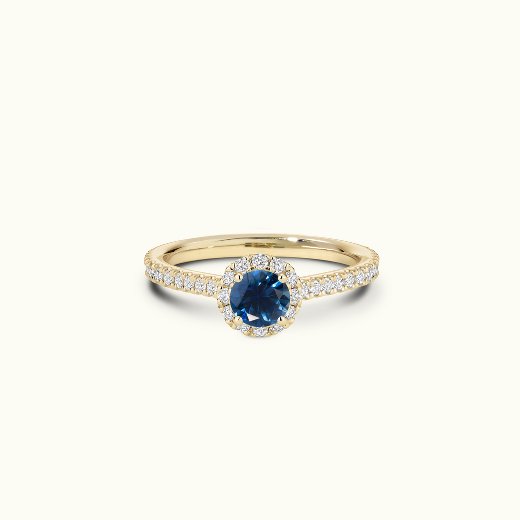 Jewellers District's Cathedral-Setting Royal Sapphire Halo Engagement Ring with Diamond Band in 14k Yellow Gold, Round