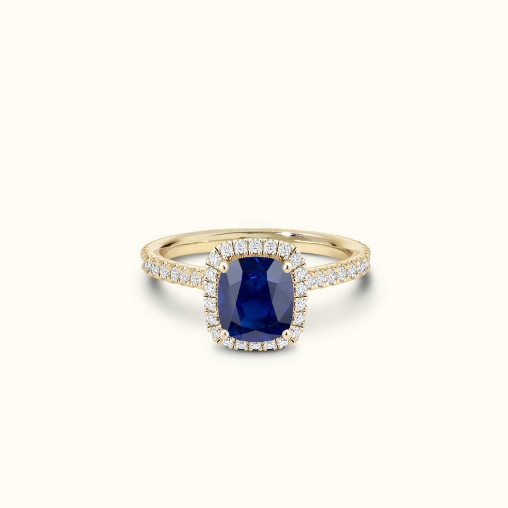 Jewellers District's Cathedral-Setting Royal Sapphire Halo Engagement Ring with Diamond Band in 14k Yellow Gold, Asscher #2