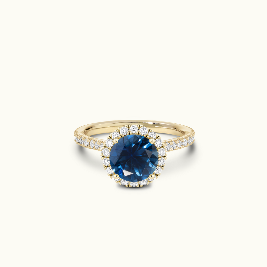 Jewellers District's Cathedral-Setting Royal Sapphire Halo Engagement Ring with Diamond Band in 14k Yellow Gold, Asscher #3