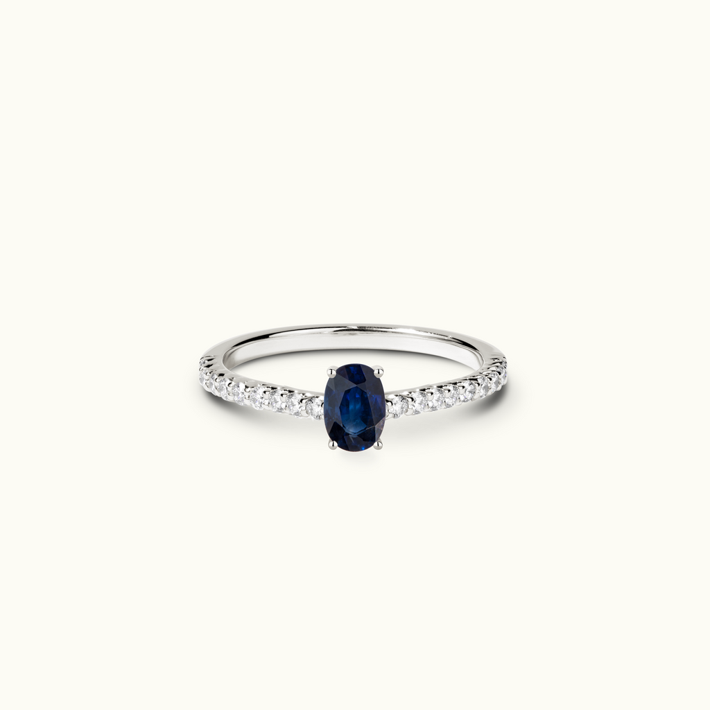 Jewellers District's Twist Cathedral-Setting Royal Sapphire Engagement Ring in 14k White Gold, Oval