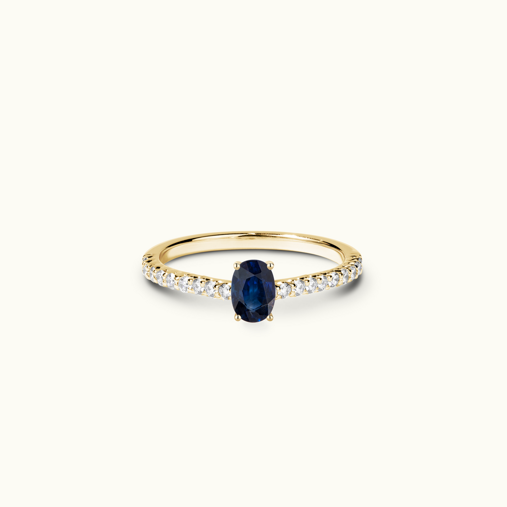 Jewellers District's Twist Cathedral-Setting Royal Sapphire Engagement Ring in 14k Yellow Gold, Oval