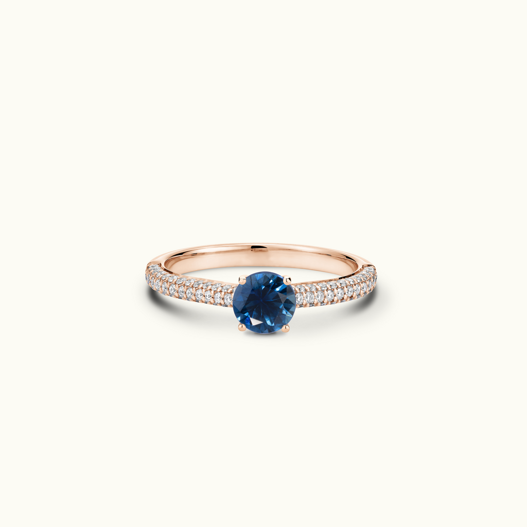 Jewellers District's Royal Sapphire Engagement Ring with Signature Knot-Basket and Micropavé Band in 14k Rose Gold, Round