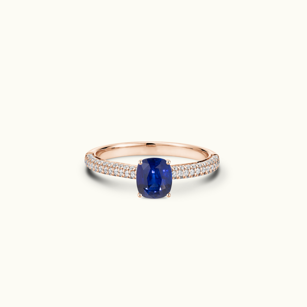 Jewellers District's Royal Sapphire Engagement Ring with Signature Knot-Basket and Micropavé Band in 14k Rose Gold, Cushion