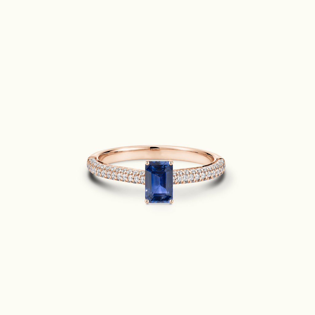 Jewellers District's Royal Sapphire Engagement Ring with Signature Knot-Basket and Micropavé Band in 14k Rose Gold, Emerald