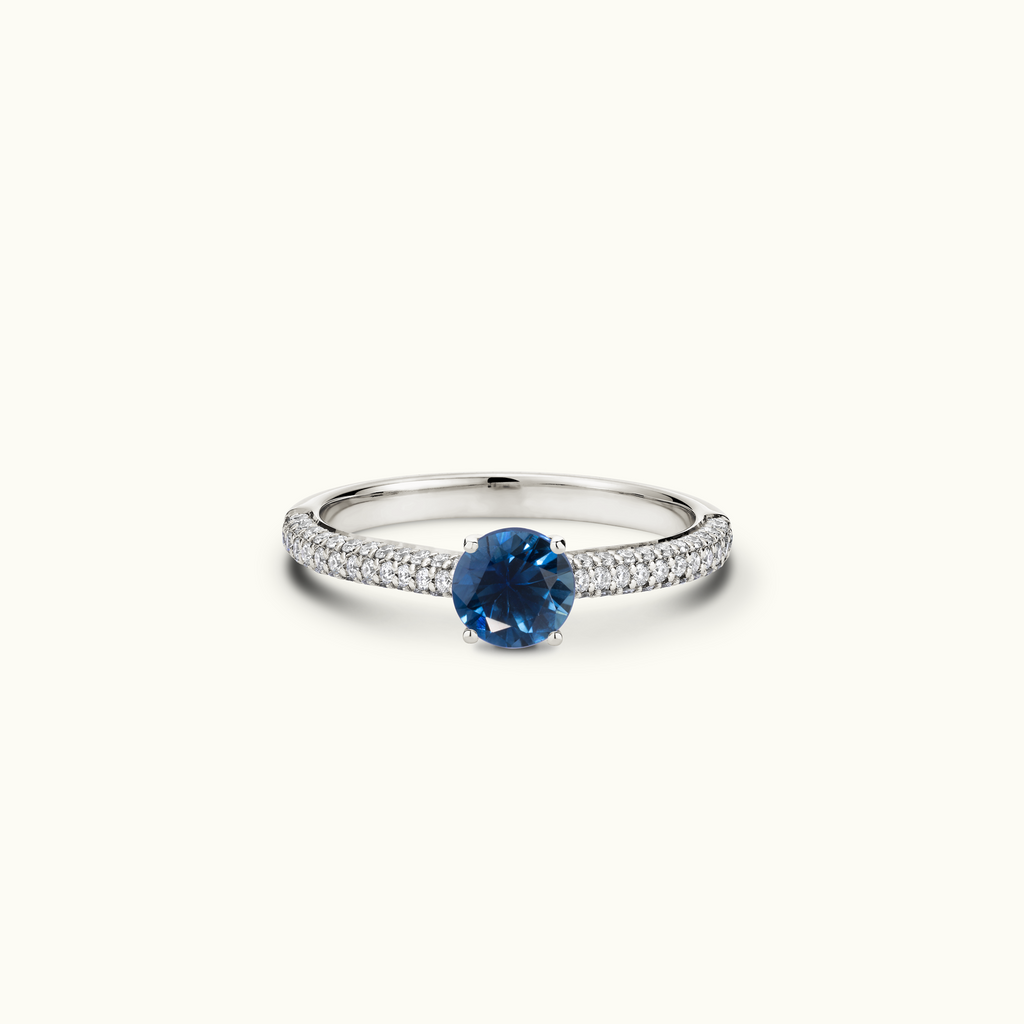 Jewellers District's Royal Sapphire Engagement Ring with Signature Knot-Basket and Micropavé Band in 14k White Gold, Round