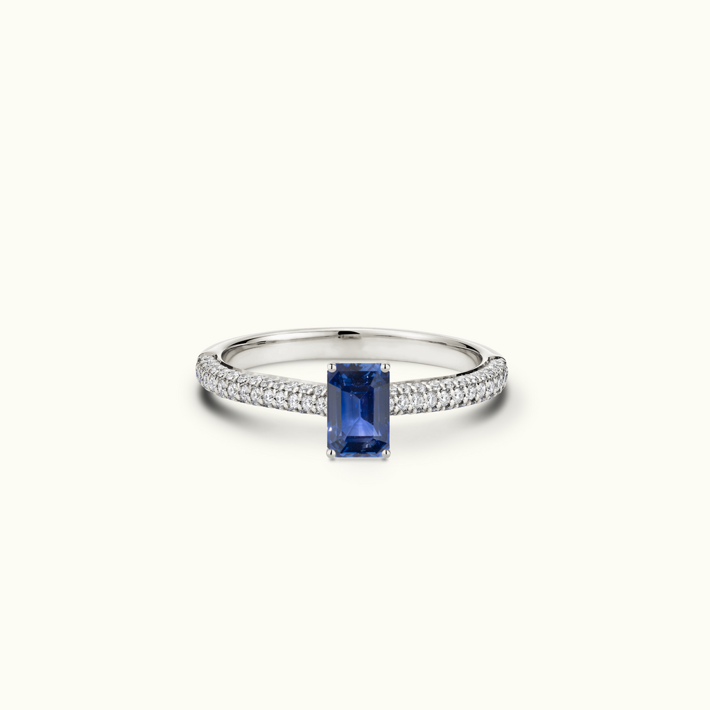 Jewellers District's Royal Sapphire Engagement Ring with Signature Knot-Basket and Micropavé Band in 14k White Gold, Emerald