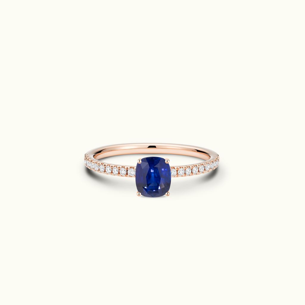 Jewellers District's Royal Sapphire Engagement Ring with Signature Knot-Basket and Diamond Band in 14k Rose Gold, Cushion