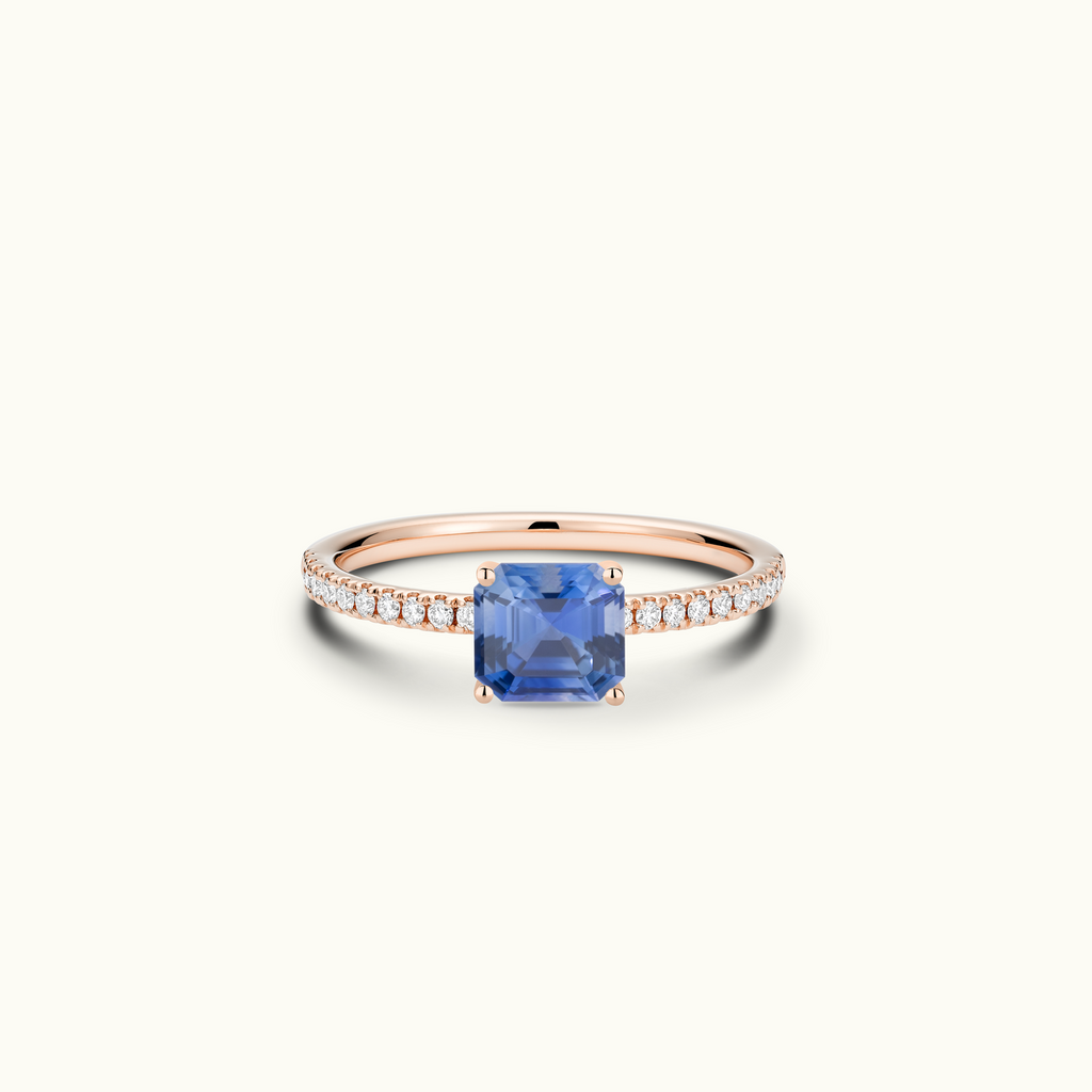 Jewellers District's Royal Sapphire Engagement Ring with Signature Knot-Basket and Diamond Band in 14k Rose Gold, Asscher