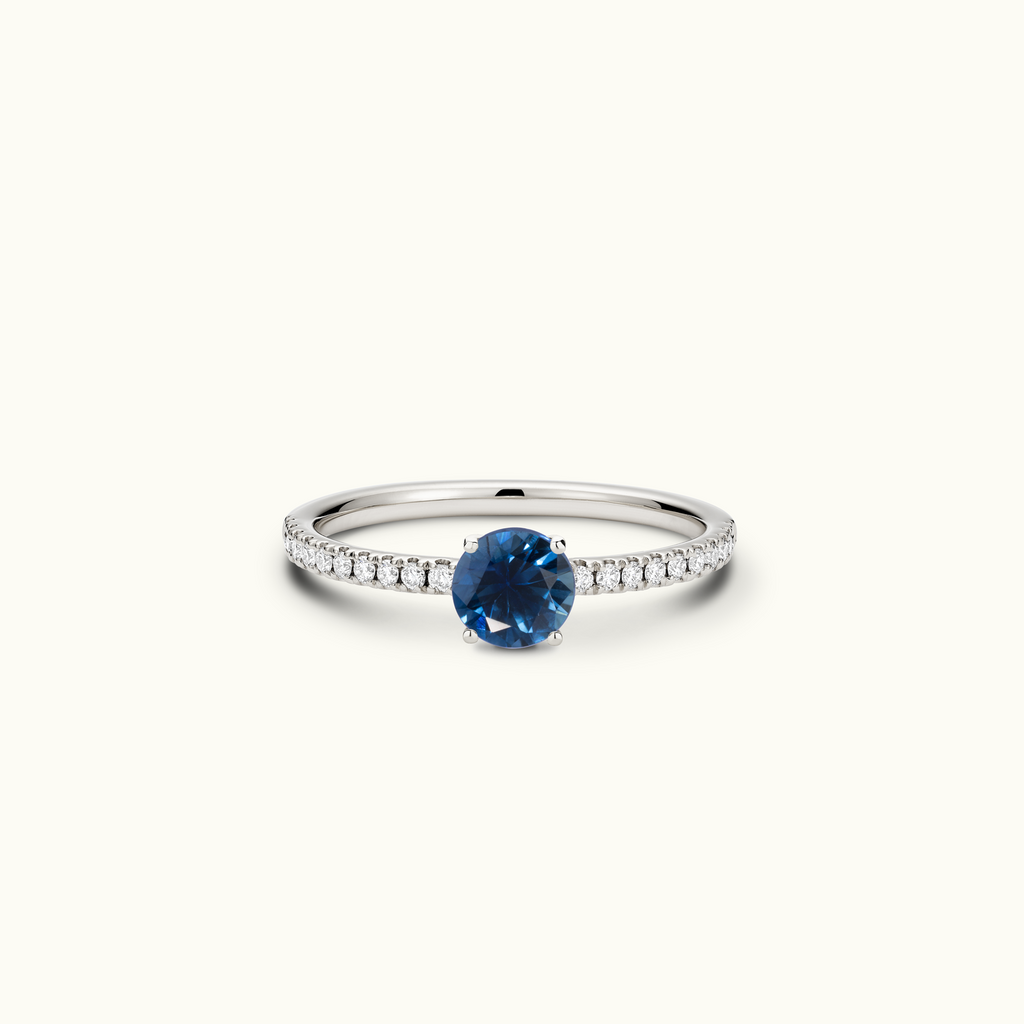 Jewellers District's Royal Sapphire Engagement Ring with Signature Knot-Basket and Diamond Band in 14k White Gold, Round