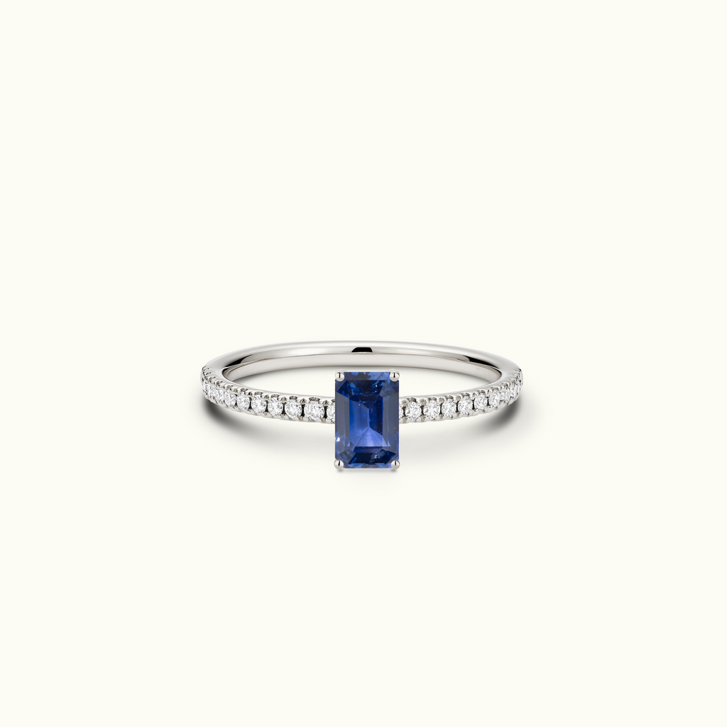 Jewellers District's Royal Sapphire Engagement Ring with Signature Knot-Basket and Diamond Band in 14k White Gold, Emerald