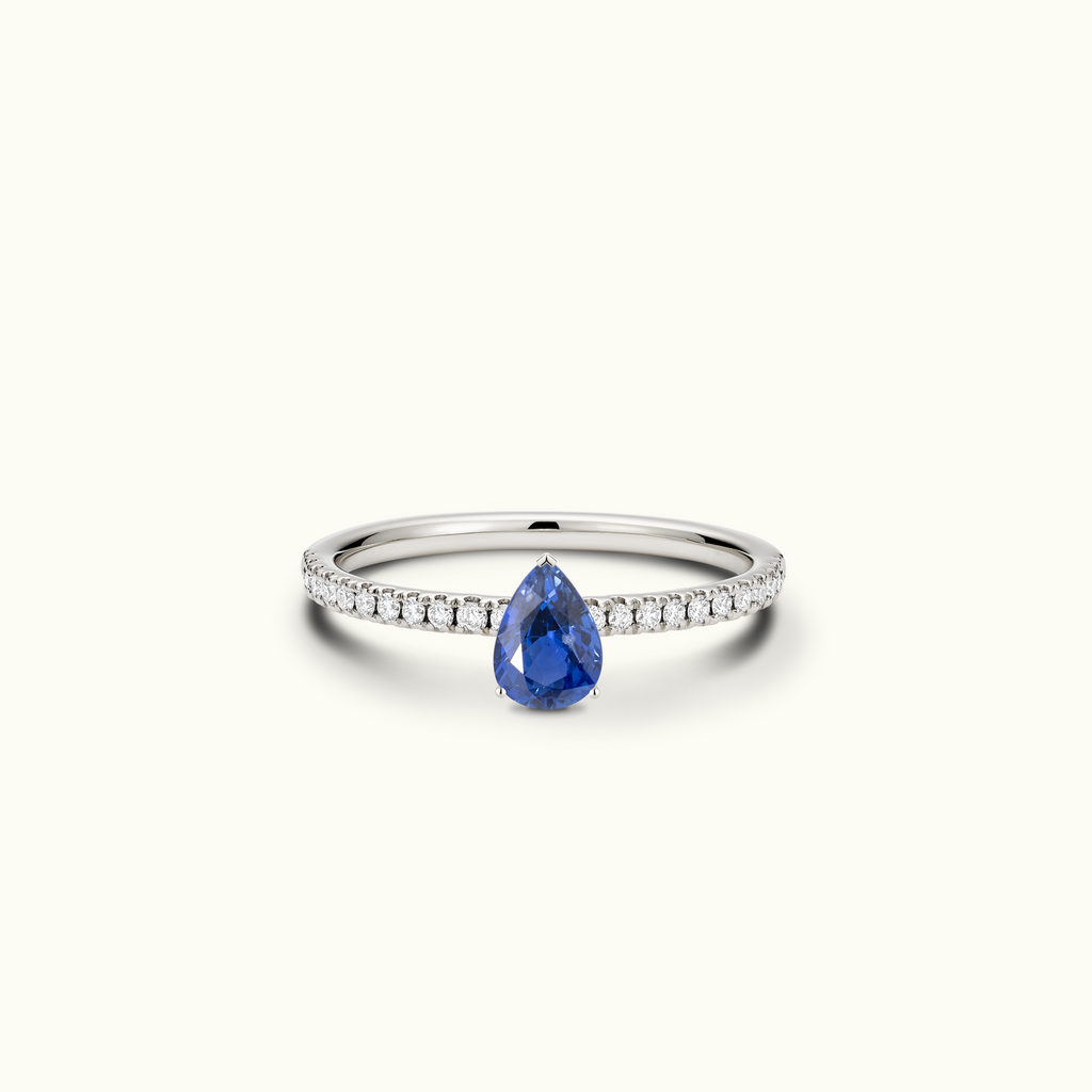 Jewellers District's Royal Sapphire Engagement Ring with Signature Knot-Basket and Diamond Band in 14k White Gold, Pear