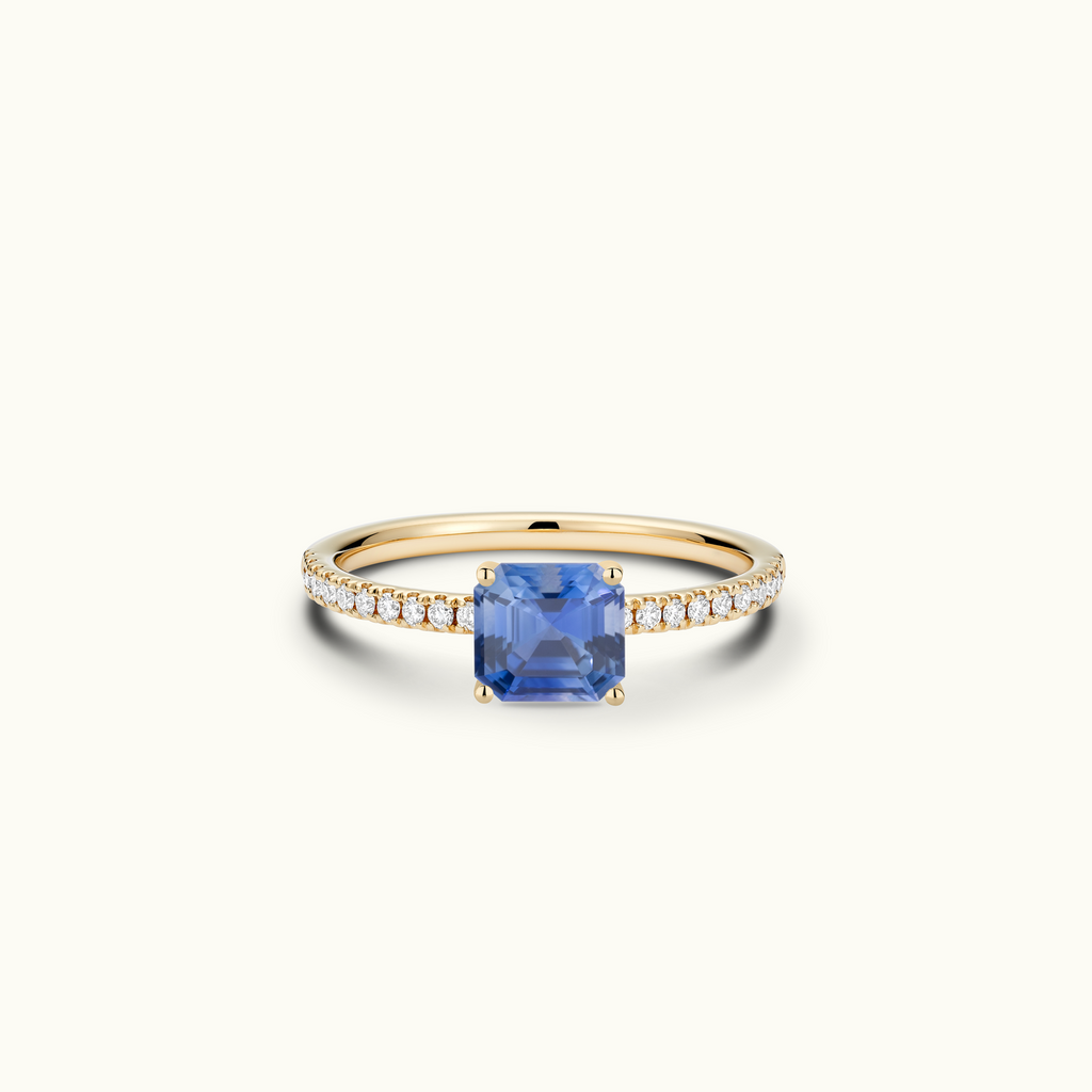 Jewellers District's Royal Sapphire Engagement Ring with Signature Knot-Basket and Diamond Band in 14k Yellow Gold, Asscher