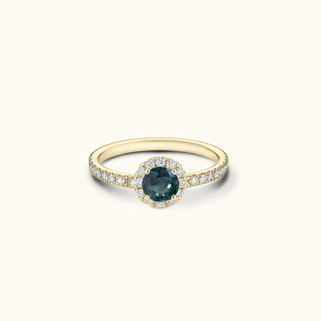 Jewellers District's Flower Montana Sapphire Halo Engagement Ring in 14k Yellow Gold, Round