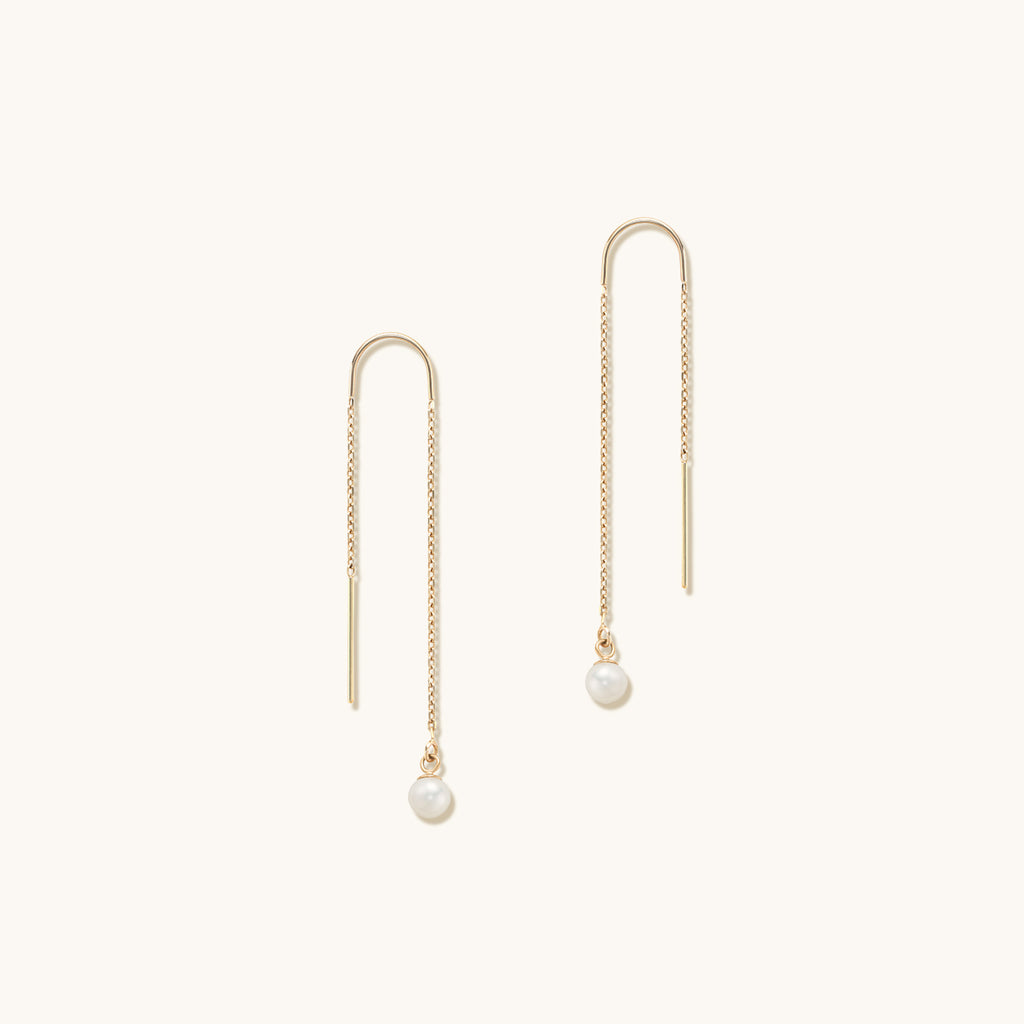 Face view of Jewellers District's Freshwater Pearl Threader Earrings in 14k Yellow Gold