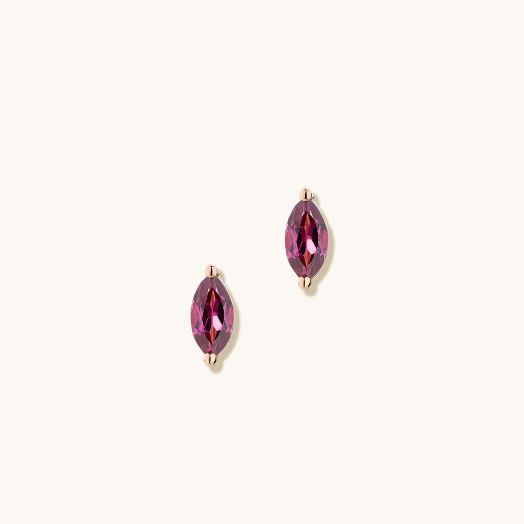 Face view of Jewellers District's Marquise Cut Garnet Studs in 14k Rose Gold