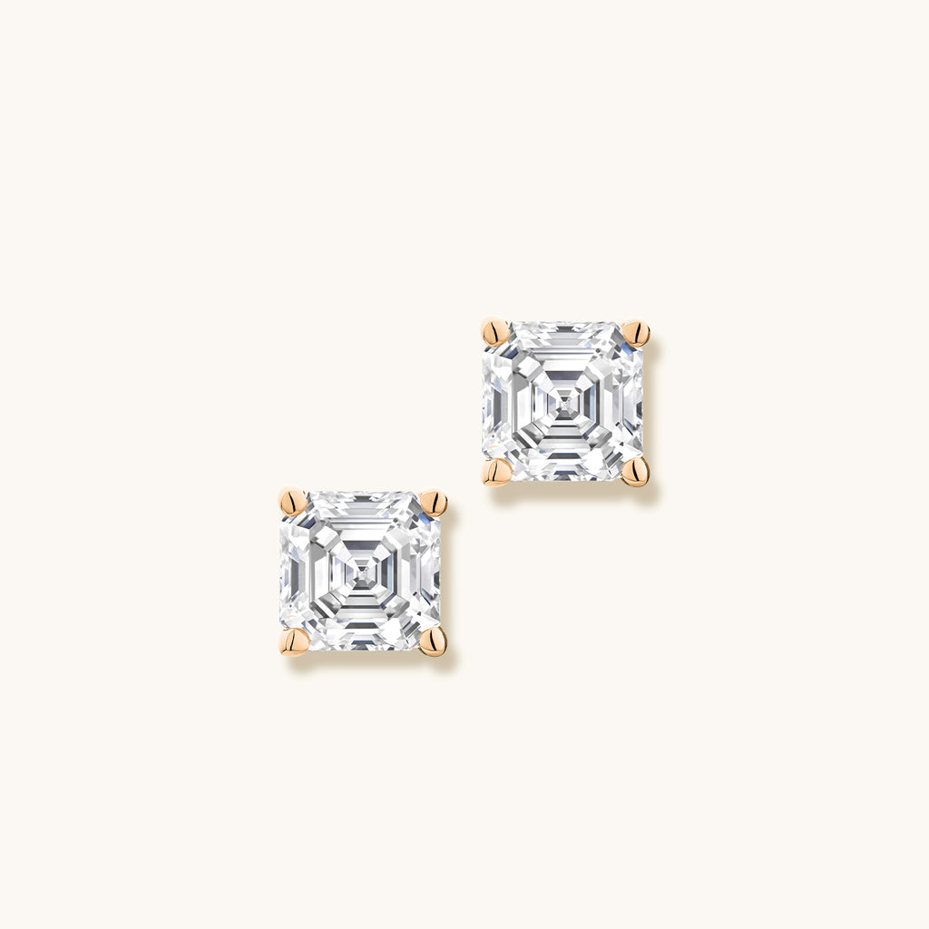 Face view of Jewellers District's Asscher-Cut Diamond Stud Earrings in 14k Rose Gold, Lab-grown 1.40 ctw, VS2+/ F+