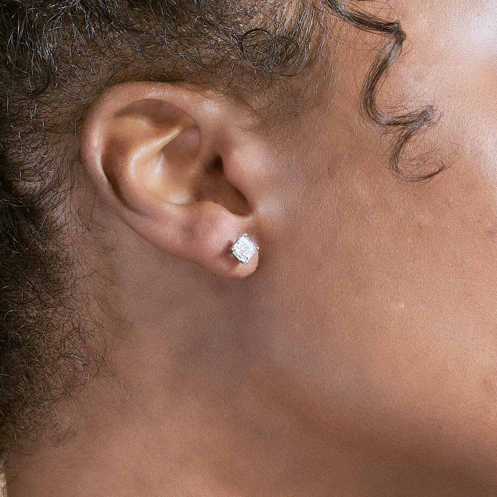 Model wearing Jewellers District's Asscher-Cut Diamond Stud Earrings in 14k White Gold, Lab-grown 1.40 ctw, VS2+/ F+