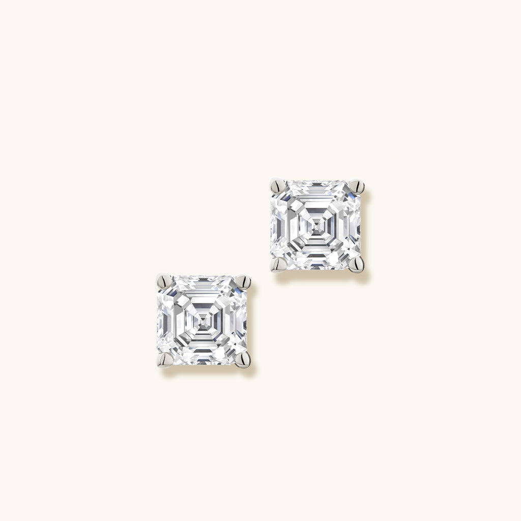 Face view of Jewellers District's Asscher-Cut Diamond Stud Earrings in 14k White Gold, Lab-grown 1.40 ctw, VS2+/ F+