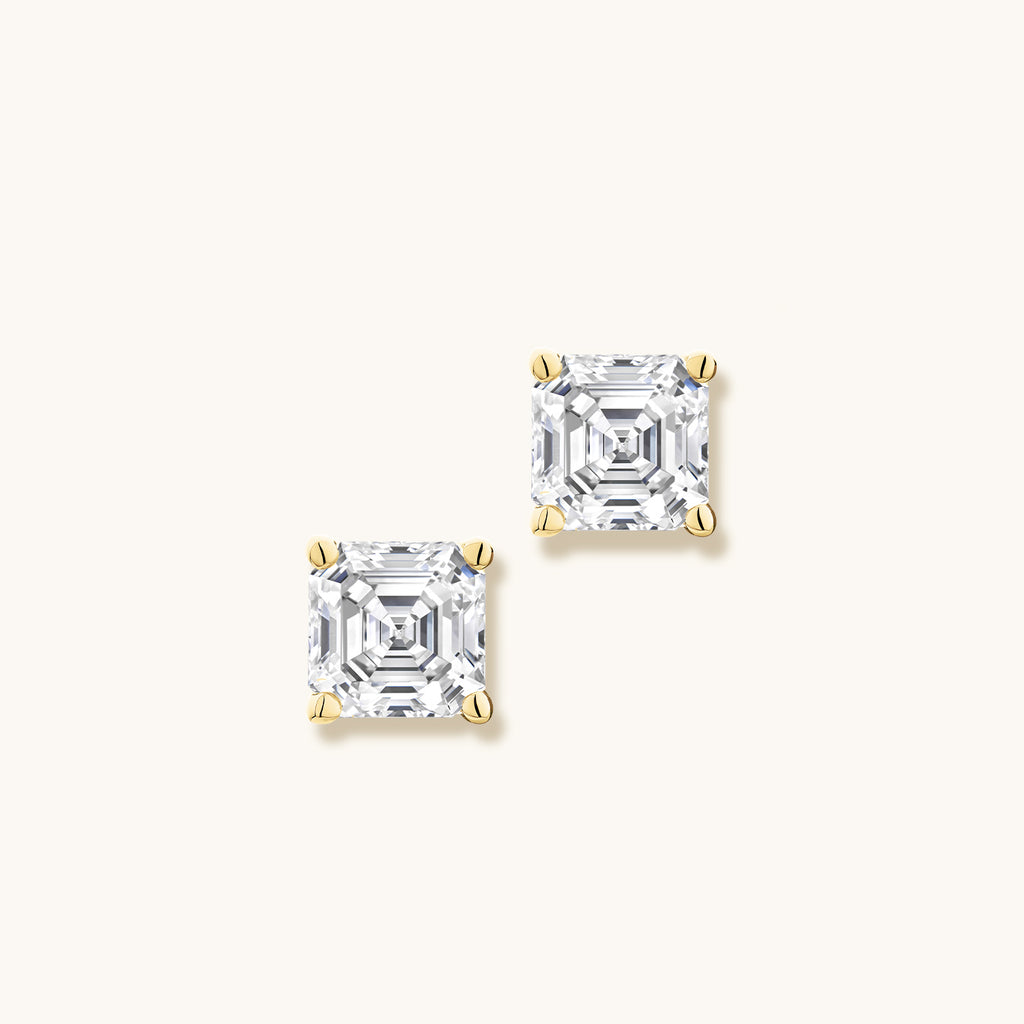 Face view of Jewellers District's Asscher-Cut Diamond Stud Earrings in 14k Yellow Gold, Lab-grown 1.40 ctw, VS2+/ F+