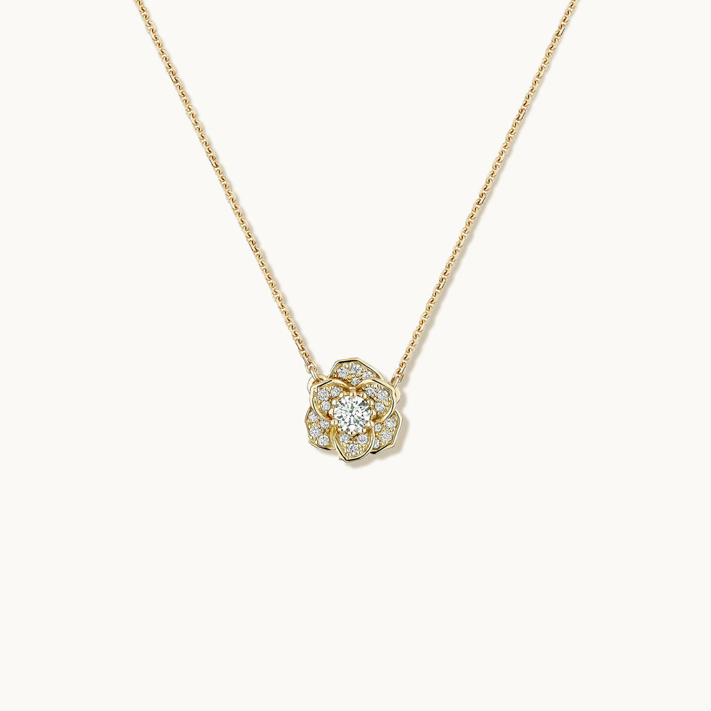 Face view of Jewellers District's Flower Diamond Necklace with Diamond Pavé in 14k Yellow Gold