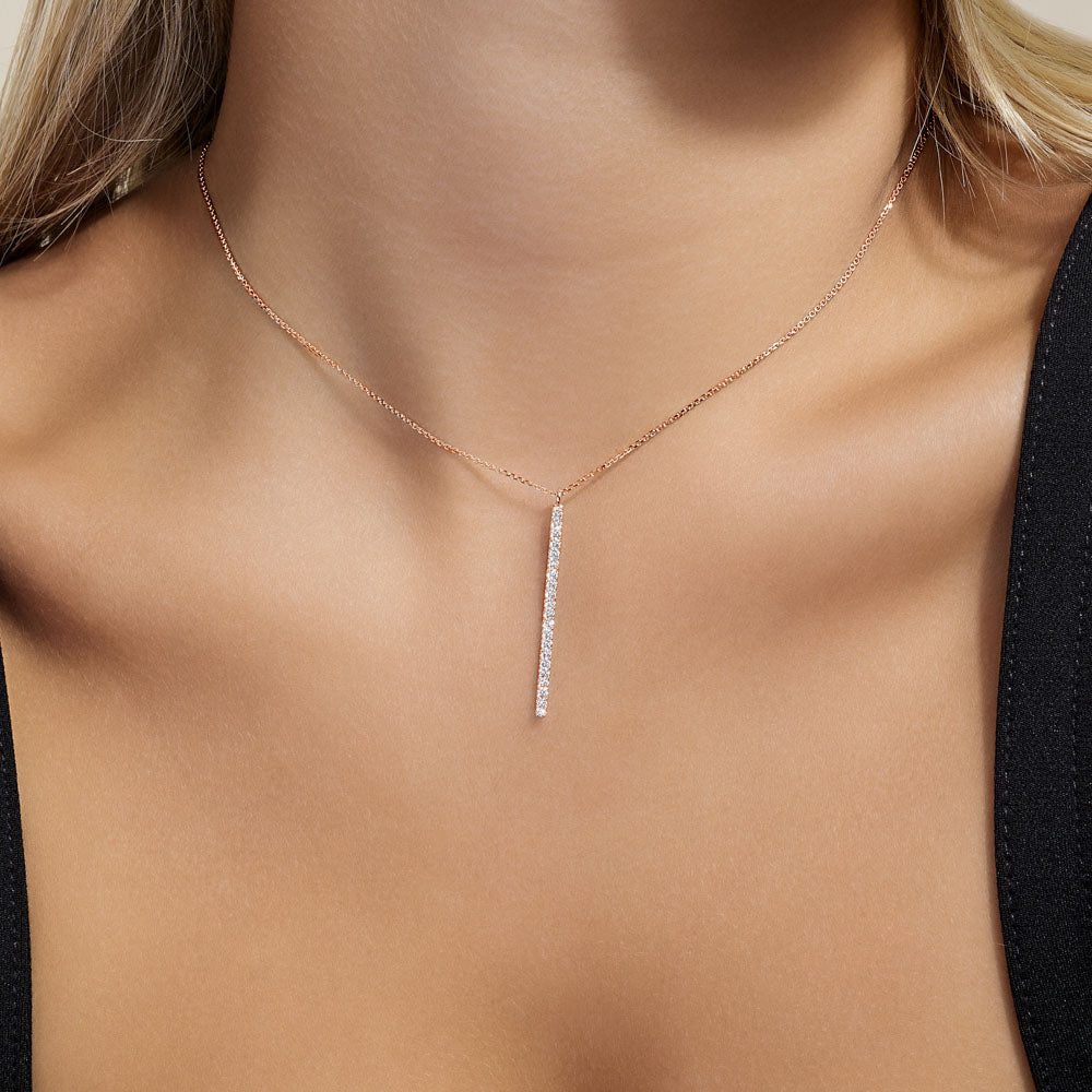 Model wearing Jewellers District's Diamond Pavé Bar Necklace in 10k Rose Gold #3