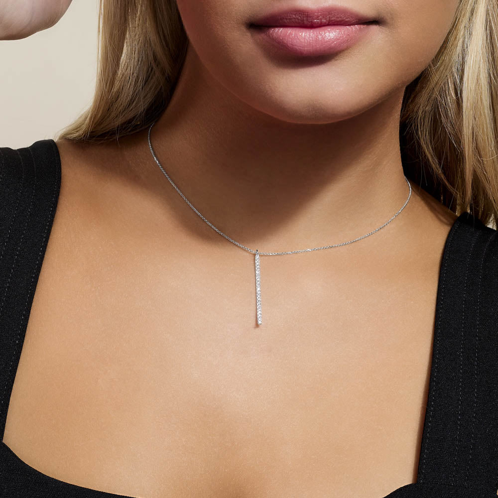 Model wearing Jewellers District's Diamond Pavé Bar Necklace in 10k White Gold #3