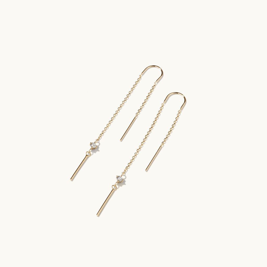 Profile view of Jewellers District's Diamond Threader Earrings with Gold Bar in 14k Yellow Gold