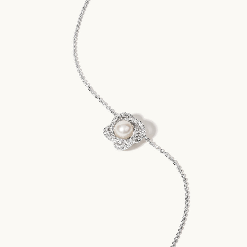 Angled view of Jewellers District's Twisted Freshwater Pearl Pendant Necklace with Diamond Pavé in 14k White Gold